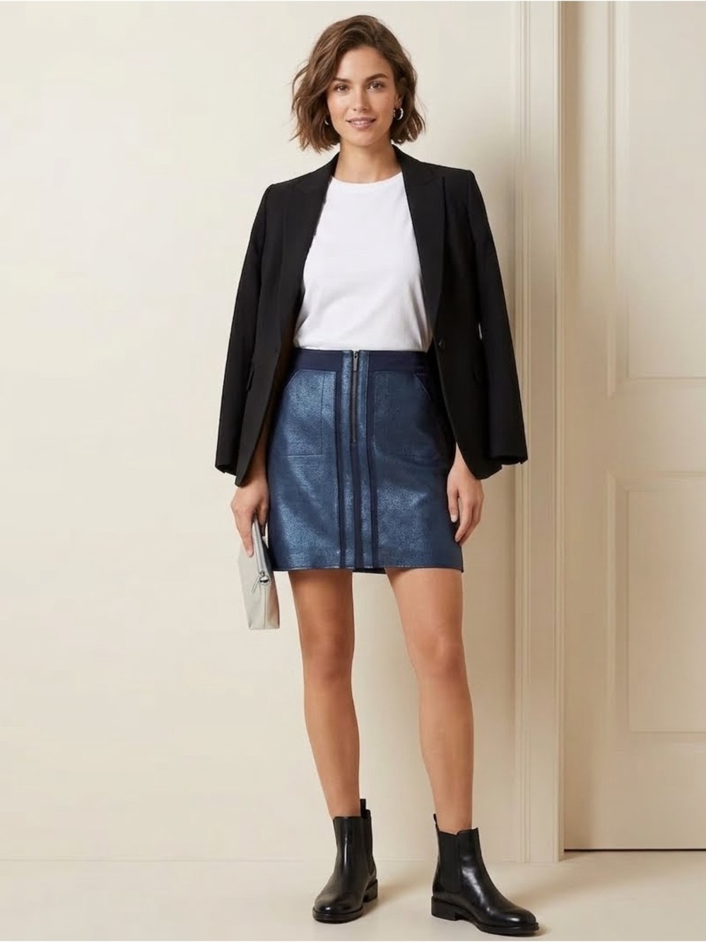 Adolfo Dominguez Navy Blue Front Zip Minimalist A-Line Skirt size 6
